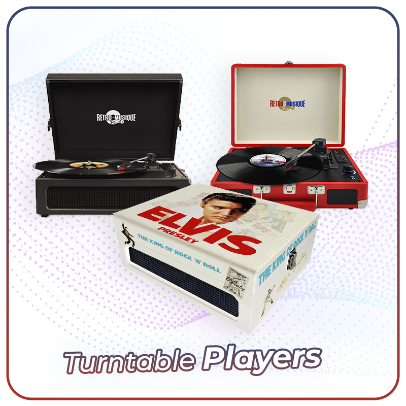 RetroMusique vinyl record players including limited Elvis Presley edition and classic red and black suitcase turntables with built-in speakers