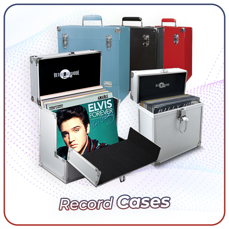 RetroMusique vinyl record storage cases in silver, black, red, and blue with front-loading and top-opening designs, holding albums like Elvis Forever and Billy Joel