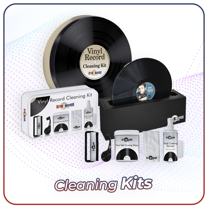 RetroMusique vinyl record cleaning kits with solution spray, microfiber cloth, wet cleaning wipes, stylus brush, and record washer featuring Elvis LP