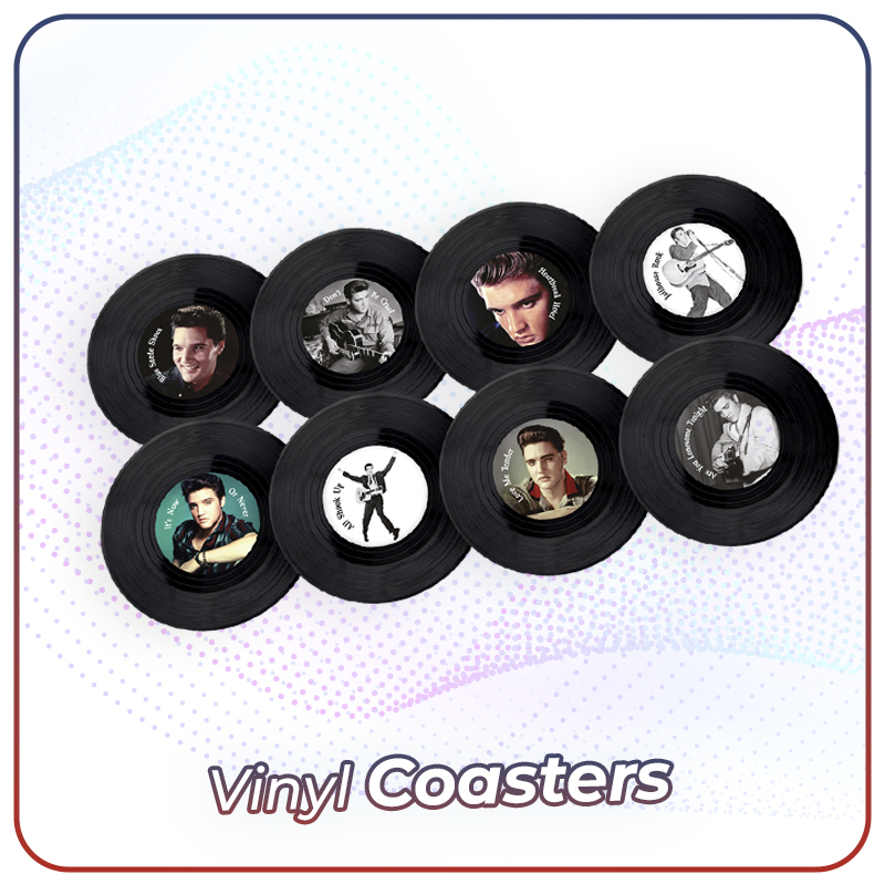Set of 8 Elvis Presley vinyl record coasters by RetroMusique featuring iconic album artwork and black retro LP design