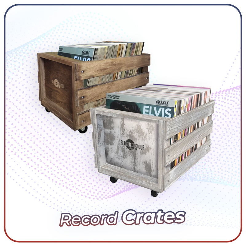 RetroMusique wooden vinyl record crates with wheels, available in rustic brown and weathered grey finishes, holding Elvis Presley LPs