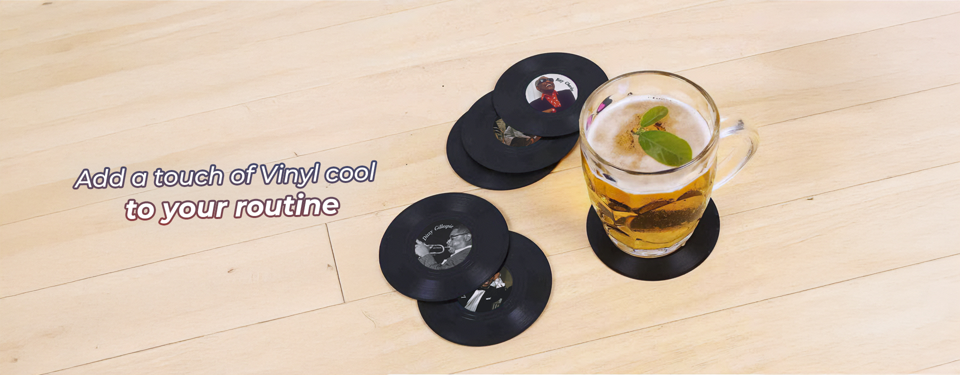 RetroMusique vinyl record coasters for drinks – jazz-inspired mini records adding a vintage music vibe to your home or bar routine