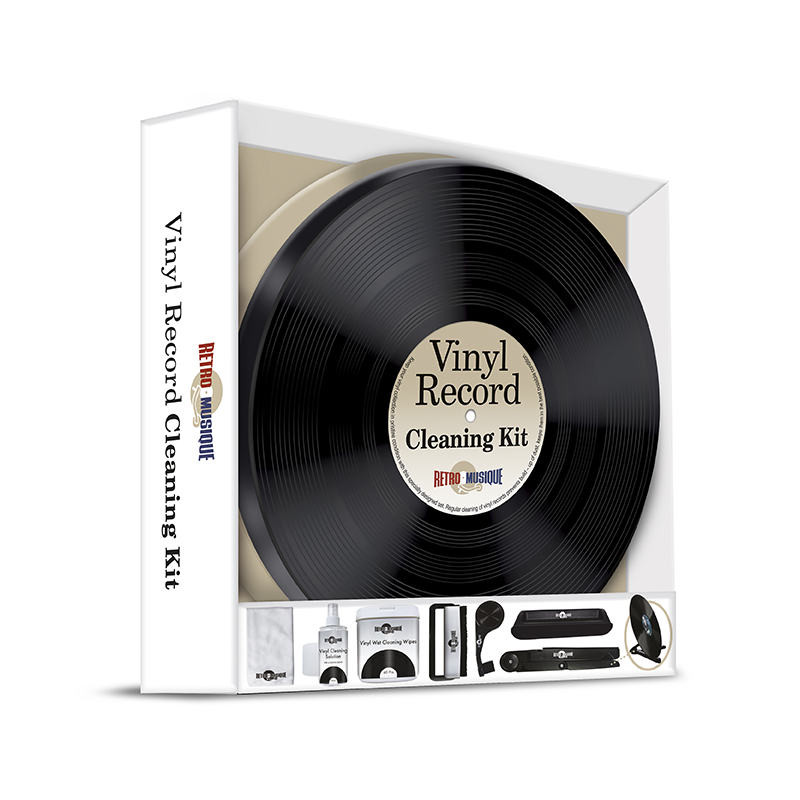 RetroMusique vinyl record cleaning kit with anti-static brush, microfiber cloth, wet wipes, and cleaning solution – essential vinyl care set for audiophiles