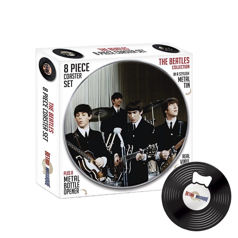 RetroMusique 8-piece Beatles vinyl coaster set with metal bottle opener – collectible music-themed drink coasters in a vintage tin box