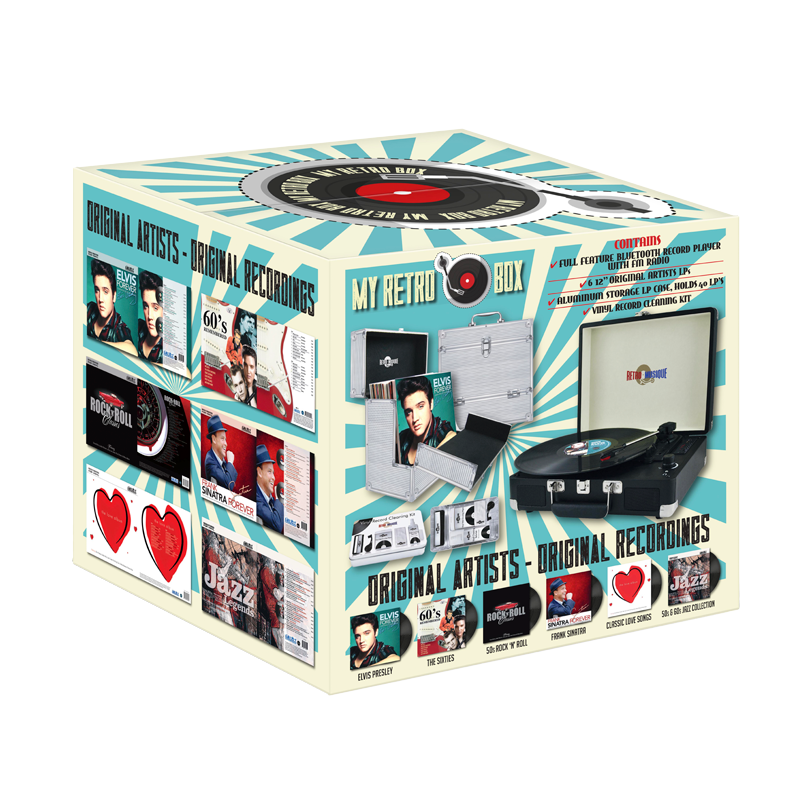 My Retro Box by RetroMusique – complete vintage vinyl set with Bluetooth record player, Elvis Presley albums, storage case, and vinyl cleaning kit