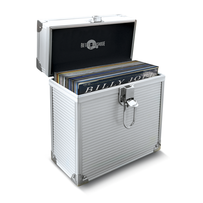 RetroMusique silver vinyl record storage case with locking latch, featuring Billy Joel LP – durable and portable box for vinyl collectors