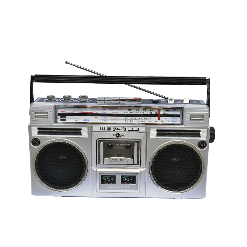 Vintage silver boombox with dual speakers, FM/AM radio, cassette deck, and classic analog dials – retro stereo player for old-school music lovers