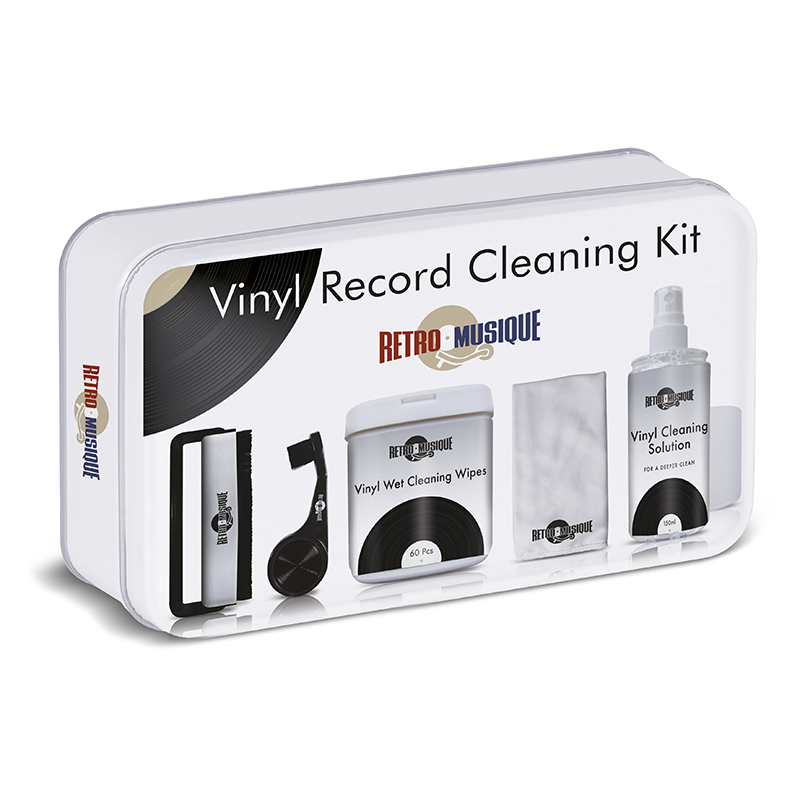 RetroMusique vinyl record cleaning kit with anti-static brush, wet cleaning wipes, microfiber cloth, and vinyl cleaning solution for preserving sound quality