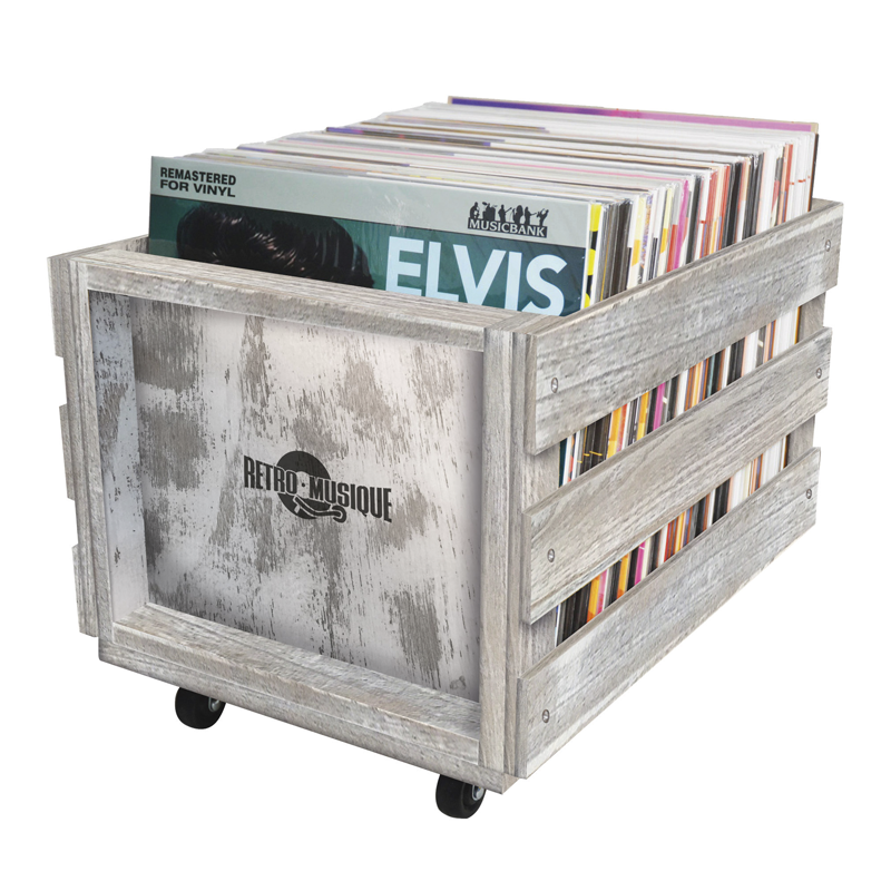 Rustic wooden vinyl record crate by RetroMusique – mobile storage box for LP collections with wheels and Elvis Presley albums